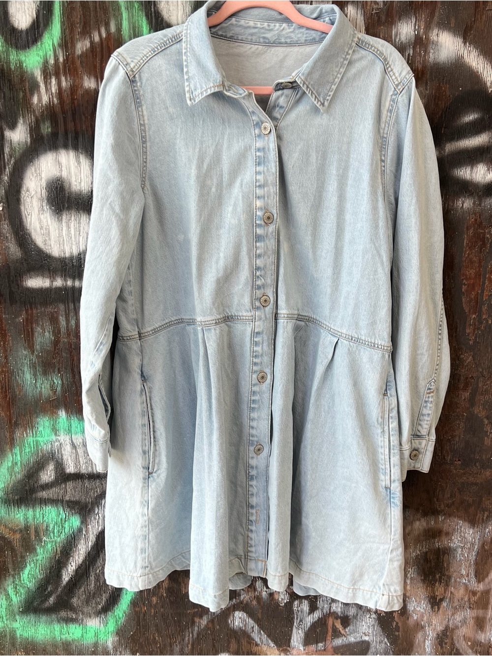 AEO Light Wash Denim Button-Front Shirt mini midi dress aerie ruffle